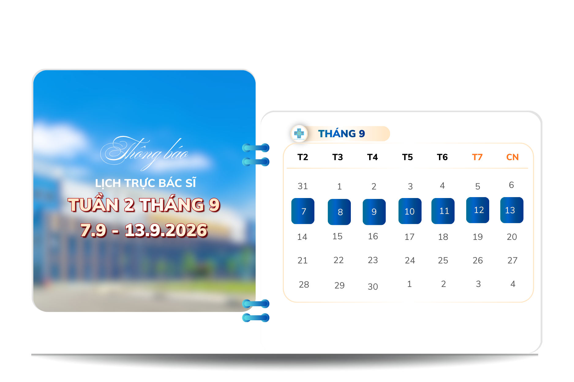 Thông báo lịch làm việc và lịch trực bác sĩ từ ngày 07.09 - 13.09.2026