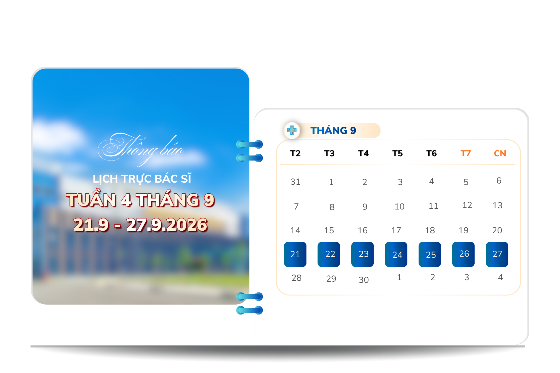 Thông báo lịch làm việc và lịch trực bác sĩ từ ngày 21.09 - 27.09.2026